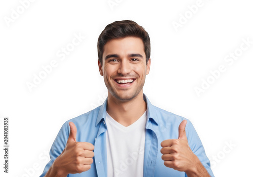 Smiling man giving two thumbs up with blue shirt isolated on transparent background
