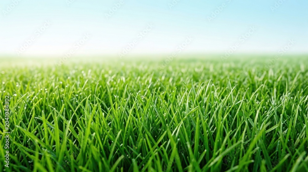 Fototapeta premium Vibrant Green Grass Field with Sparkling Morning Dew Drops Under a Clear Blue Sky. Fresh Natural Background for Growth, Purity, and Environmental Concepts. Ample Copy Space.