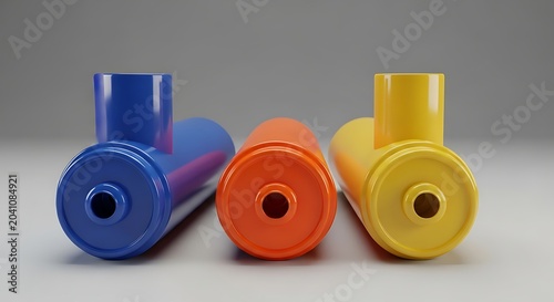 Colorful Cylindrical Containers Arranged on Gray Studio Surface