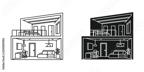 Tableau sur toile Modern duplex floor plan illustration in outline and solid styles with interior