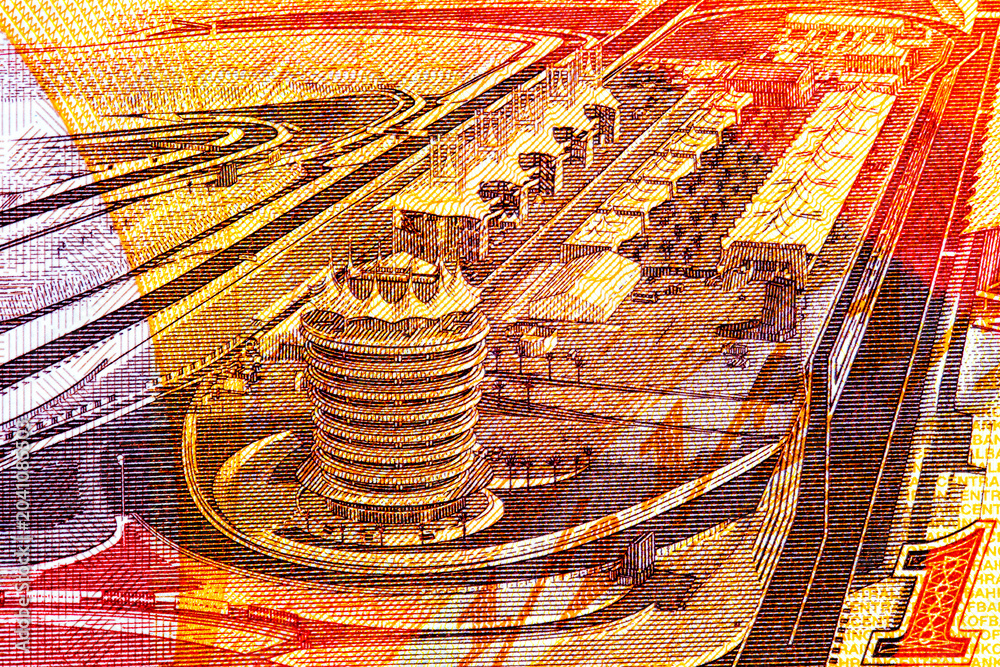 Naklejka premium Bahraini half dinar banknote featuring the Bahrain International Formula One racetrack. Bahraini money.