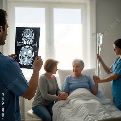 Focused Medical Staff Reviewing Brain Scan Beside Elderly Patient in Bright Hospital Room