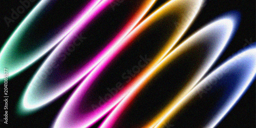 Abstract Colorful Neon Light Rings and Glowing Waves on Black Background