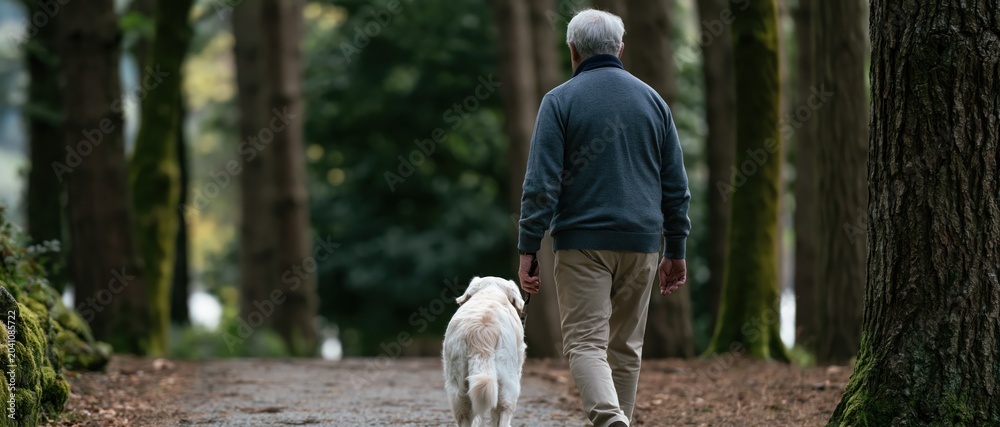 Obraz premium A senior man enjoys a tranquil walk with his golden retriever in a lush forest, emphasizing companionship, relaxation, and the joys of nature and pet ownership.