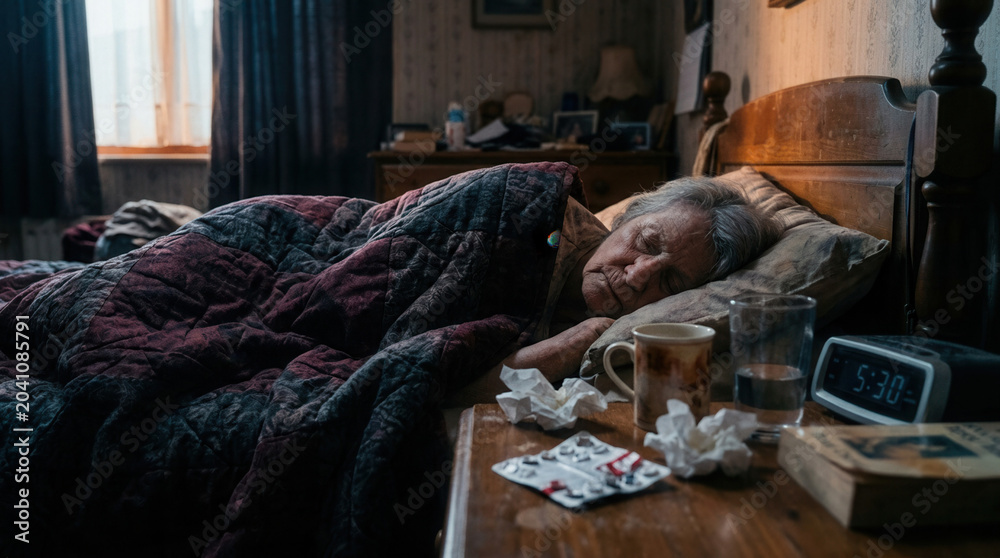 Fototapeta premium Elderly Person Relaxing in Bed, Resting and Sleeping Peacefully with Morning Light