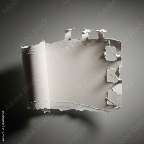 Torn White Paper Scrap Floating Against Soft Gray Background