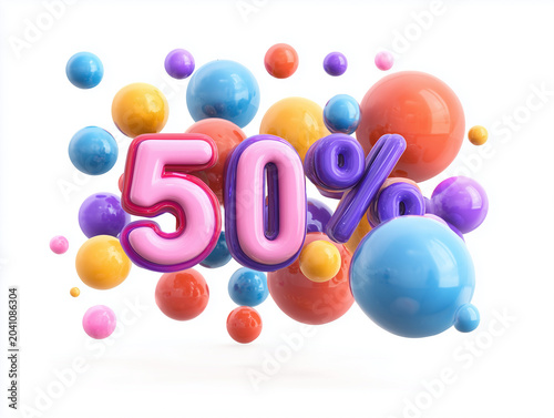 Fifty percent promotion concept with colorful spheres