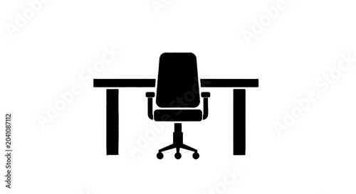 Minimal black silhouette icon, simple flat vector, bold black shape, no, no shading office desk with chair icon on a, flat icon style