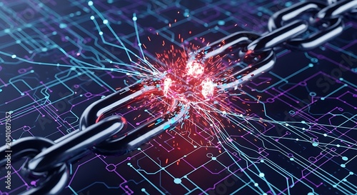 Broken Metal Chain Sparking on Digital Circuit Board Background