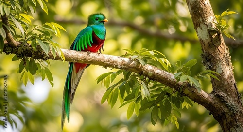 Colorful Quetzal Bird Perched on Leafy Tree Branch in Sunlit Forest