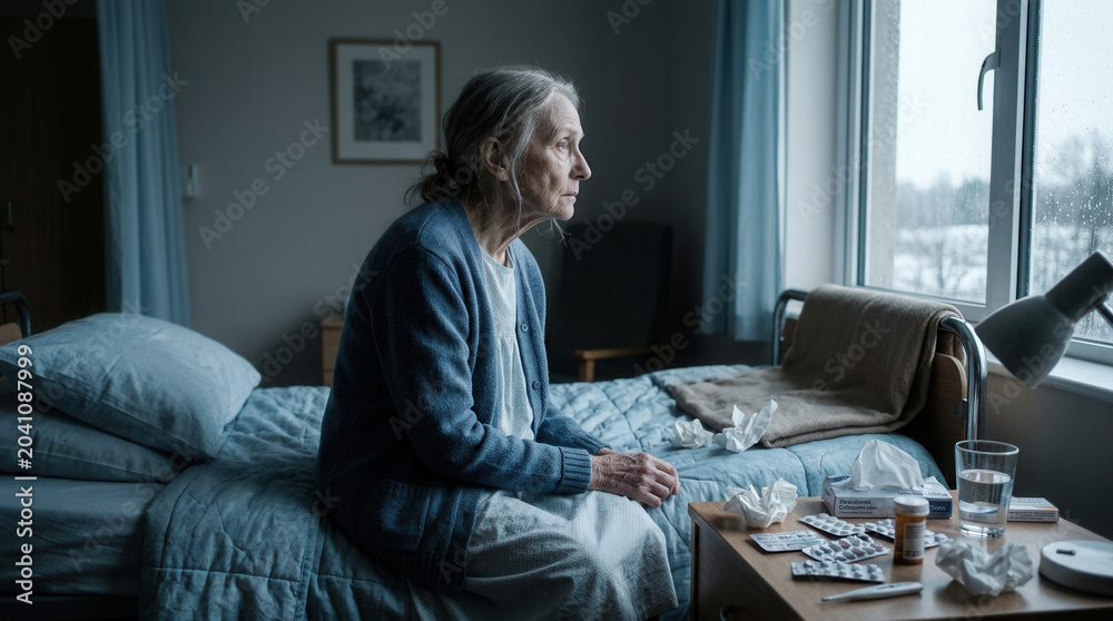 Obraz premium Elderly Woman Contemplating The Passing Days While Sitting On A Bed In A Dim Light