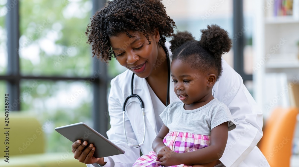 Obraz premium Doctor and Patient Interaction: A compassionate doctor, wearing a stethoscope and white coat, shows a tablet to a young child in her arms, fostering a warm and trusting patient-doctor relationship.