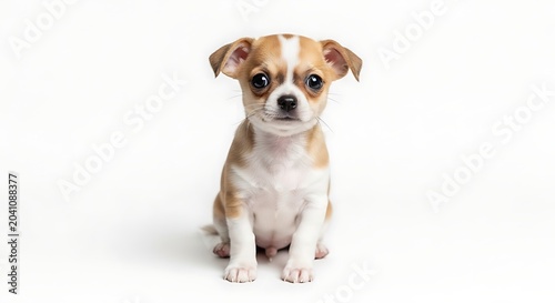 Tiny Brown and White Chihuahua Puppy Sitting on Clean White Studio Background