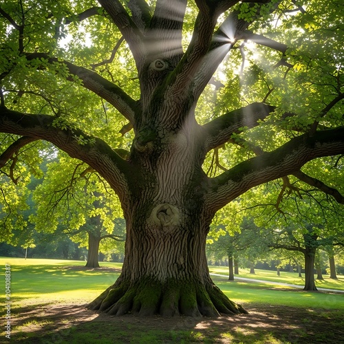 Majestic Ancient Oak Tree Standing in Sunlit Green Park