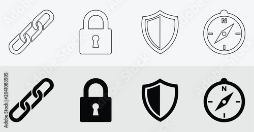 Secure web navigation and cybersecurity outline vector icon set