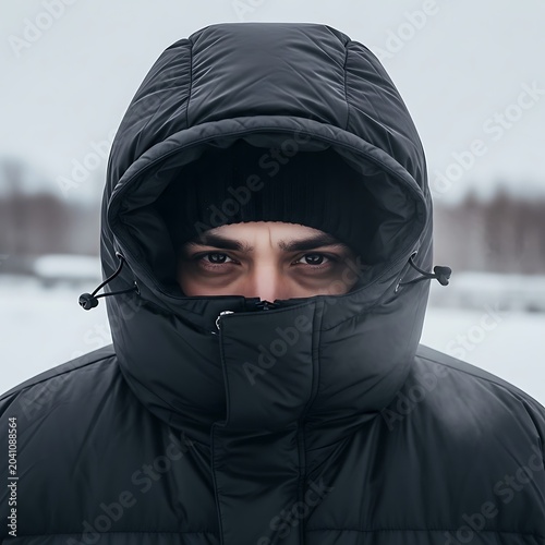 Bundled Man Wearing Black Hooded Winter Jacket in Snowy Outdoor Landscape