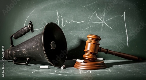 Vintage Megaphone and Wooden Gavel Resting on Chalkboard Surface