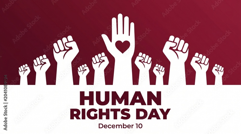 Obraz premium A powerful vector graphic for Human Rights Day on December 10, featuring raised fists of solidarity alongside an open hand with a heart symbol on a bold maroon background.