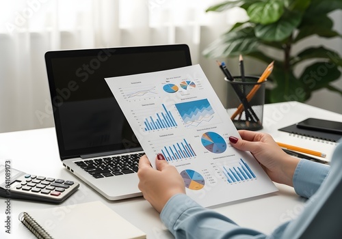 A diligent person meticulously reviews a comprehensive report filled with intricate charts and graphs alongside a laptop, calculator, and office supplies, signifying a focused approach