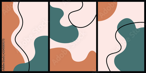 Foto Abstract art triptych with teal orange and beige shapes and black lines on white