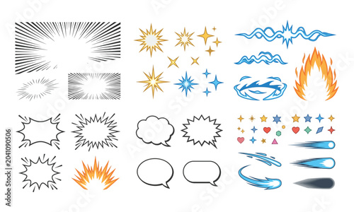 Professional manga and comic effect vector collection featuring speech bubble placeholders, action lines, decorative symbols and scalable graphic design assets