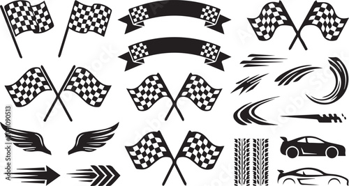 Foto Racing Flags and Speed Element Silhouettes Vector Set