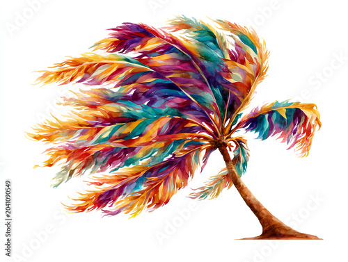 A single tall palm tree with exaggeratedly long, curved fronds painted in a vibrant rainbow gradient, each leaf transitioning from magenta to lime green, trunk composed of layered shades of violet and