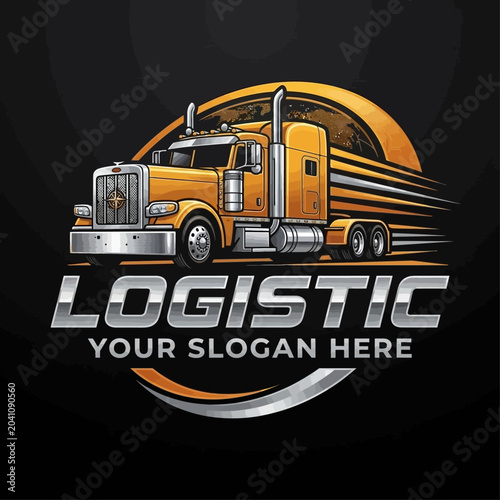 Slika na platnu A large orange semi-truck drives quickly on a road with logistic text