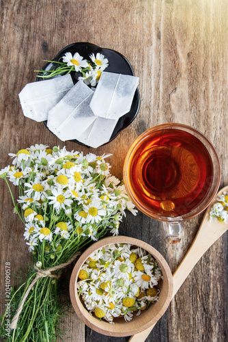 Photos cup of herbal chamomile tea with fresh daisy flowers on wooden background