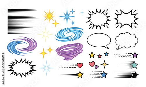 Professional manga and comic effect vector collection featuring speech bubble placeholders, action lines, decorative symbols and scalable graphic design assets