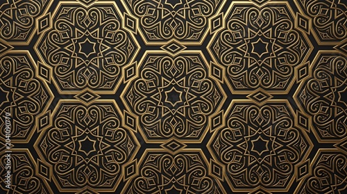 Geometric tessellation pattern in black and gold with intricate repeating hexagon shapes and metallic texture