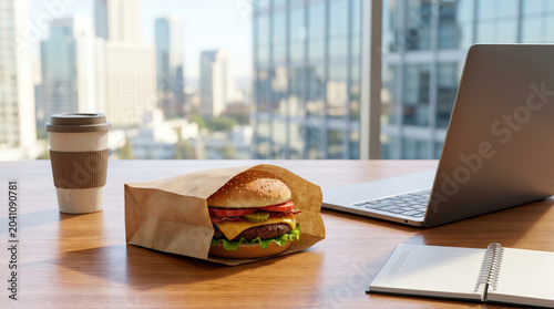 Office desk lunch with burger and coffee, reflecting urban workspace break, copy space