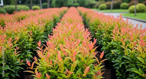 Colorful Young Hedge Plants Growing in Neat Rows in Landscaped Garden
