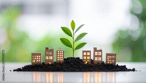 Sustainable City Skyline with Growing Plant