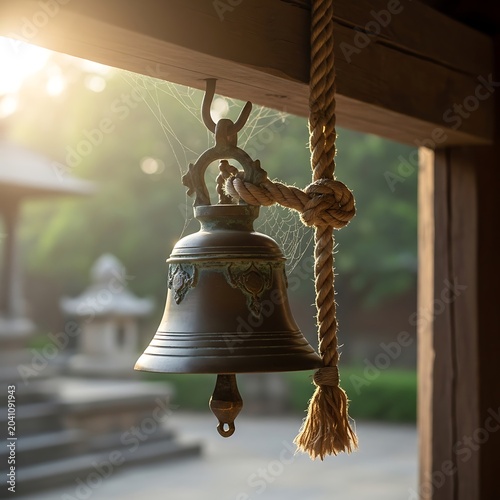 Antique Bronze Bell Hanging with Rope in Sunlit Temple Courtyard