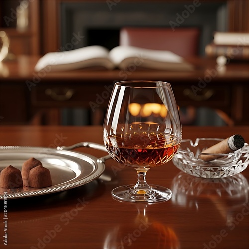 Elegant Brandy Glass with Cigar and Chocolates on Polished Wooden Desk