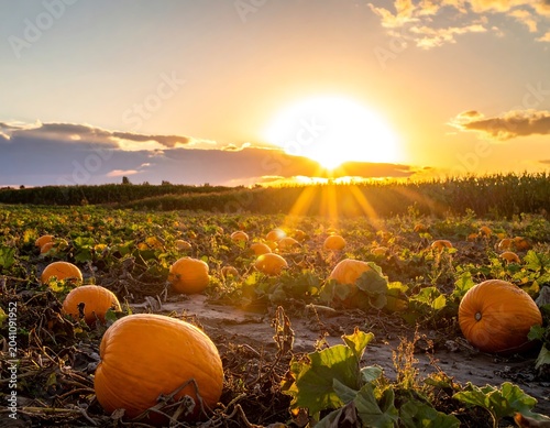 Ripe Orange Pumpkins Growing in Sunlit Farm Field at Golden Sunset