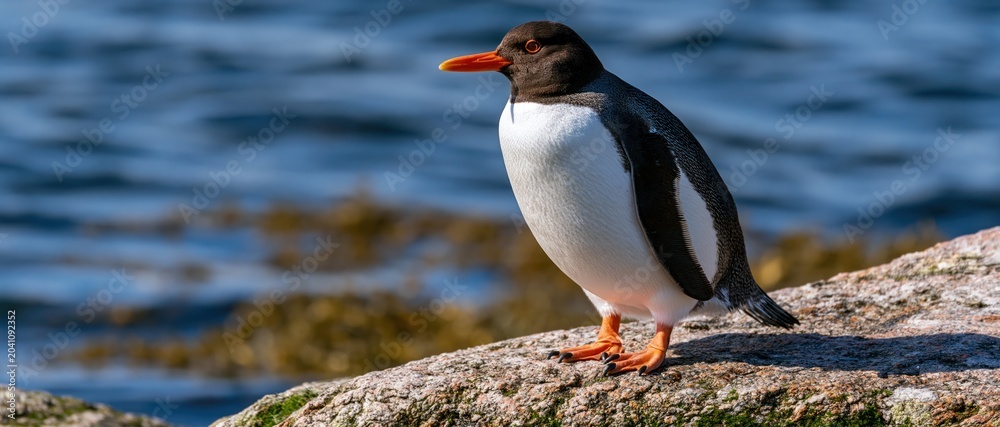 Fototapeta premium A stunning Gentoo penguin poses gracefully on a rocky outcrop by the ocean, showcasing the beauty of wildlife in its natural habitat and evoking feelings of adventure and nature.