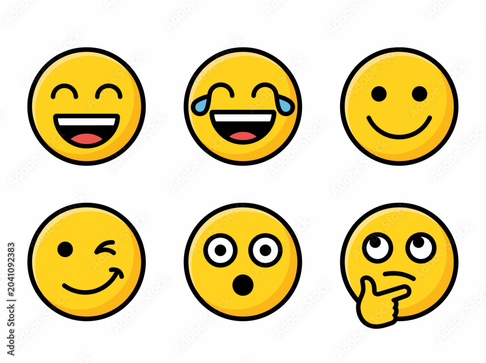 Fototapeta premium Set of Six Yellow Emoticons Showing Different Emotions and Expressions
