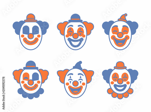 Принти на полотні Set of six cartoon clown faces with different expressions, blue and orange color