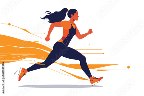 Obraz na plátne Woman in motion running with dynamic orange streaks fitness athleticism
