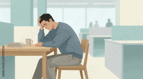 Despondent Individual Seated At Desk In Office Environment, Depicting Mental Distress
