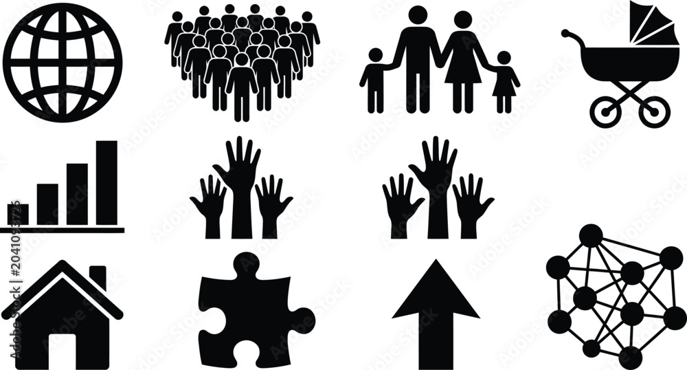 Fototapeta premium Public service and social development icons showing community support and family progress.