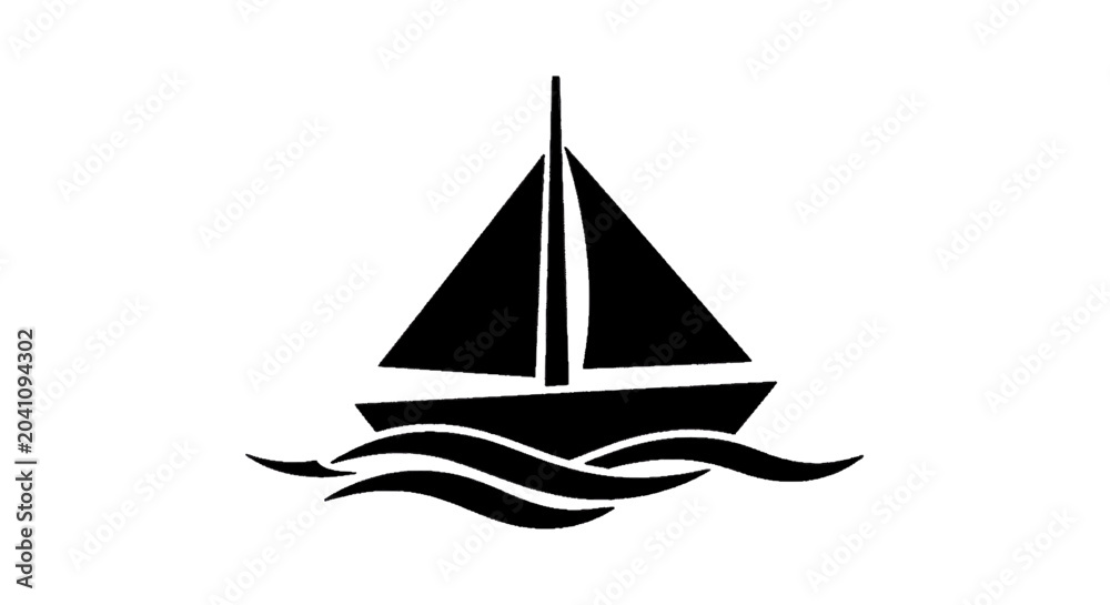 Fototapeta premium Minimal black silhouette icon, simple flat vector, bold black shape, no, no shading black silhouette of a sailboat on waves on a, flat icon style