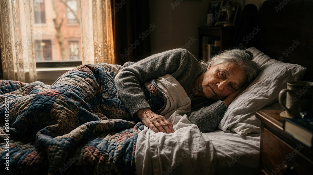 Obraz premium Elderly Woman Resting Peacefully In Her Bed, In Soft Morning Light