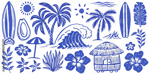 Tableau sur toile Tropical Beach Icons And Elements Blue toned Vector Illustration