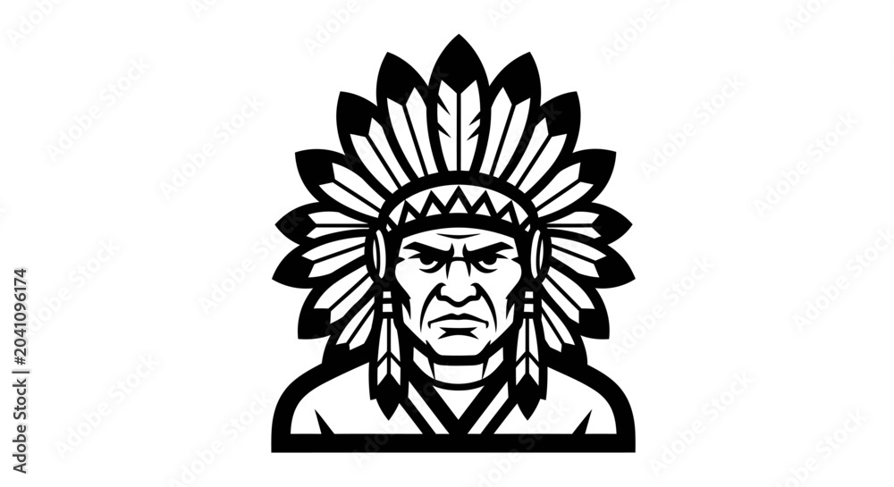 Obraz premium Native American Warrior Headwear Tribal Chief Illustration Black and White