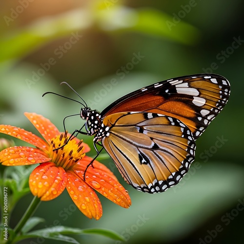 Orange Monarch Butterfly Feeding on Dewy Flower in Lush Green Garden