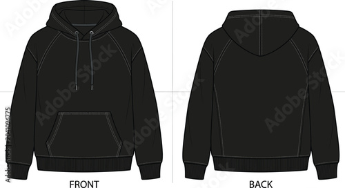 Fotografía Black oversized raglan hoodie technical fashion sketch vector template showing f