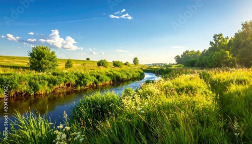 Sunny Green Meadow River Winding Through Rural Countryside Landscape
